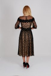 KADİFE NOKTA DESENLİ KÜPÜR DETAYLI TÜL ABİYE ELBİSE SİYAH - 7