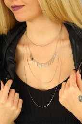 Gümüş Renkli Çoklu Bayan Metal Zincirli Kolye - 3