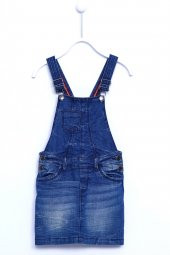 Koyu Denim Renkli Kot Etek Denım Cepli Salopet Elbise Kız Çocuk |CT 210801 - 1