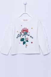 Beyaz Renkli Sweat Shirt Örme Uzun Kollu Simli Nakışlı Kolu Fırfır Detaylı Sweatshirt Kız Çocuk |JS-212707 - 1