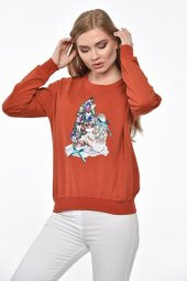 Bisiklet Yaka Çam Baskılı Taş ve Pullu Kiremit Kadın Tişört - 2