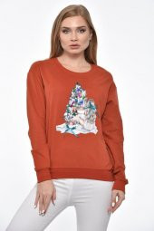 Bisiklet Yaka Çam Baskılı Taş ve Pullu Kiremit Kadın Tişört - 3