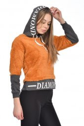 Kapüşonlu Baskılı Uzun Kollu Hardal Peluş Kadın Sweatshirt - 4
