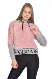 Kapüşonlu Baskılı Uzun Kollu Pudra Peluş Kadın Sweatshirt - 1