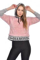 Kapüşonlu Baskılı Uzun Kollu Pudra Peluş Kadın Sweatshirt - 2