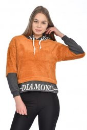Kapüşonlu Baskılı Uzun Kollu Hardal Peluş Kadın Sweatshirt - 1