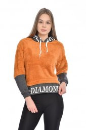 Kapüşonlu Baskılı Uzun Kollu Hardal Peluş Kadın Sweatshirt - 2