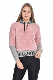 Kapüşonlu Baskılı Uzun Kollu Pudra Peluş Kadın Sweatshirt - 3