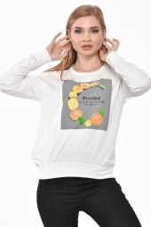 Bisiklet Yaka Limon Baskılı Taş ve Pullu Beyaz Kadın Tişört - 1