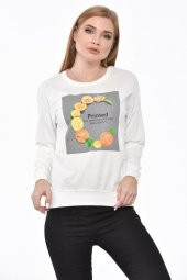 Bisiklet Yaka Limon Baskılı Taş ve Pullu Beyaz Kadın Tişört - 3