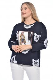 Bisiklet Yaka Aplike ve Kedi Baskılı Lacivert Kadın Tişört - 2