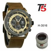 T5 H3516G-03 kronolu multifonksiyon deri kordon erkek kol saati - 1