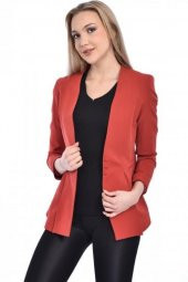 Düğme ve Pile Detaylı Blazer Kiremit Kadın Ceket - 2