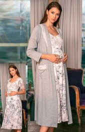 Anıl 5544 Gri Pembe Melanj Hamile Lohusa Gecelik Sabahlık Takım - 1