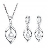 925 Damgalı İnci Taşlı Özel Tasarım Gümüş Kaplama Kolye ve Küpe Seti - 1