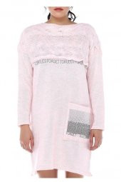 Taş Detaylı Saç Örgülü Cepli Pembe Triko Kadın Tunik - 4