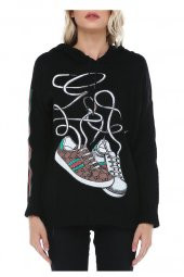 Kapüşonlu Baskılı Siyah Spor Triko Sweat - 3