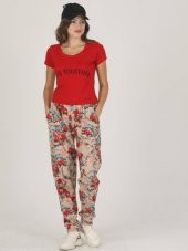Lady Kırmızı T-shirt ve Desenli Şalvar Takım - 1