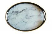 Natural Mermer Desen Camlı Oval Tepsi Beyaz - 1