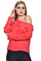 Tek Omuzlu Uzun Kollu Kırmızı Kadın Bluz - 2