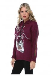 Kapüşonlu Baskılı Bordo Spor Triko Sweat - 2
