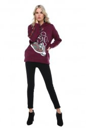 Kapüşonlu Baskılı Bordo Spor Triko Sweat - 1