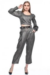 Bisiklet Yaka Kemerli Pantolonlu Alt Üst Füme Kadın Elbise - 1