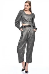 Bisiklet Yaka Kemerli Pantolonlu Alt Üst Füme Kadın Elbise - 2