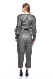 Bisiklet Yaka Kemerli Pantolonlu Alt Üst Füme Kadın Elbise - 4