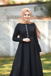 Brit Detay Pileli Tesettür Elbise Siyah - 1
