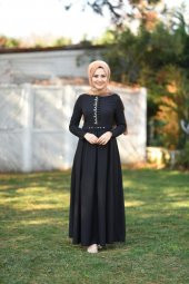 Brit Detay Pileli Tesettür Elbise Siyah - 6