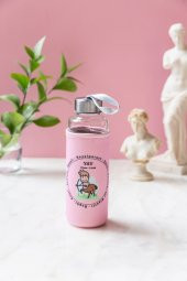 Pembe Yay Burcu Kılıflı Cam Matara 400ml - 1