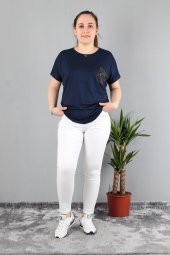 Günay Kadın Bluz Etkm9074-1 O Yaka Taş Cep Düşük Kol Penye-LACİVERT - 1