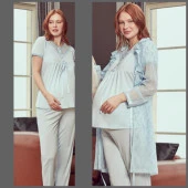 Bone Club 4903  MAVİ Hamile Lohusa 3 Lü Şifon Detaylı Pijama Sabahlık - 1