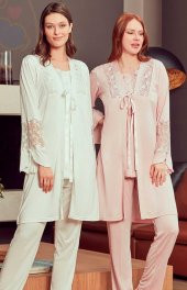 Bone Club 4906 PUDRA Hamile Lohusa 3 Lü Dantel Kollu Pijama Sabahlık - 3