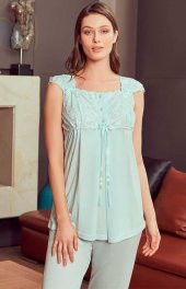 Bone Club 4906 Turkuaz Hamile Lohusa 3 Lü Dantel Kollu Pijama Sabahlık - 4