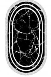 Oval Saçaklı 2li Banyo Paspas Takımı Linear Stone Siyah Beyaz - 3