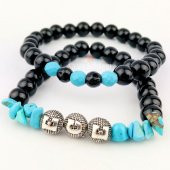 İsme Özel Doğal Taş Parlak Onix Turkuaz Taş Bileklik Set - 2