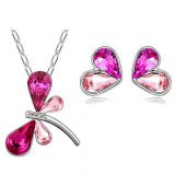 Kristal Taşlı Pembe Yusufçuk Kolye Küpe Seti - 1