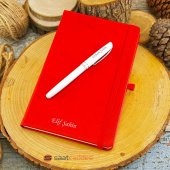 İsme Özel Termo Deri Kırmızı Defter Roller Kalem Set - 1