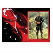 Dalgalanmış Türk Bayrağı Desenli Asker Hediyesi Cam Saat Fotoğraf Çerçevesi - 1