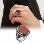 Gümüş Oval Akik Taşlı Erkek Yüzük - 5