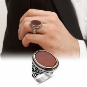 Gümüş Oval Akik Taşlı Erkek Yüzük - 9