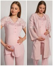 Bone Club 4905 Pembe Krinkel Sabahlıklı Lohusa 3 Lü Pijama Sabahlık - 1
