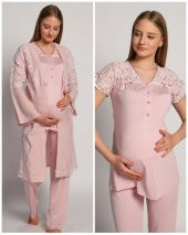 Bone Club 4905 Pembe Krinkel Sabahlıklı Lohusa 3 Lü Pijama Sabahlık - 4