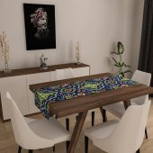 Dijital Baskılı Runner Yıkanabilir ve Silinebilir Kumaş Mavi Yaprak Desenli - 1