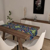 Dijital Baskılı Runner Yıkanabilir ve Silinebilir Kumaş Mavi Yaprak Desenli - 2