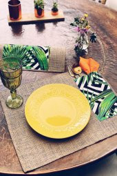 2li Yeşil Yapraklı El Yapımı Kaşıklık Detaylı Jüt Amerikan Servisi - 1