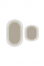 Oval Saçaklı 2li Banyo Paspas Takımı Dama Cappucino - 3