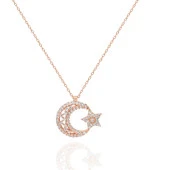 Taşlı Altın Renk Türk Bayrağı Bayan Gümüş Kolye - 1